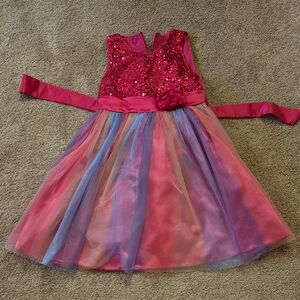 Pink Sequin Tulle Party Dress with Rainbow Overlay